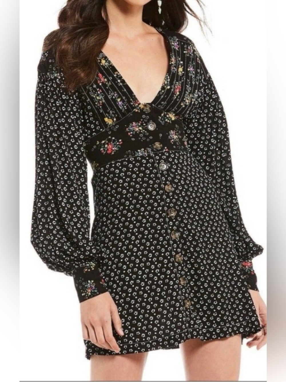 Free People Wonderland Mini Dress Black Floral Boho Button Front Size large